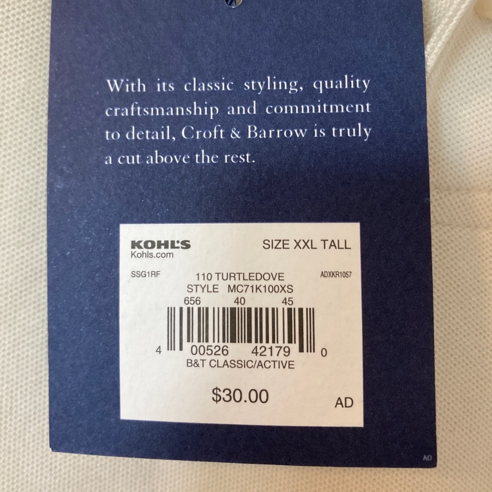 Croft and Borrow Cream Colored Men’s Polo Shirt, XXL Tall size - Picture 8 of 11